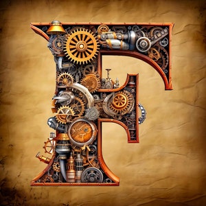 May include: A stylised letter F constructed from gears, cogs, and other steampunk-inspired elements. The letter is rendered in a rusty brown colour and is set against a textured brown background.