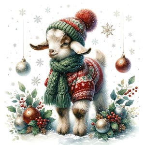 水彩画のクリスマスの子ヤギ2、パターンキーパー対応、PDFの即時デジタルダウンロード、クロスステッチのBW COチャートプリントアウト
