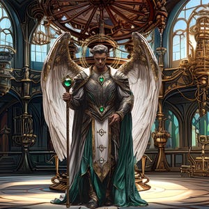 May include: A winged figure in a green and gold robe and armor, holding a staff with a green gem at the top. The figure is standing in a grand, ornate room with a vaulted ceiling.