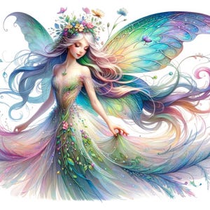 Puede incluir: Un hada con alas iridiscentes y cabello largo y fluido, que lleva una corona de flores y un vestido con un estampado floral verde y blanco.