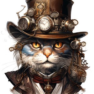 May include: A white and gray cat wearing a steampunk-style top hat with gears, cogs, and clock faces. The cat has yellow eyes and a serious expression.