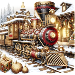 May include: A vintage-style steam train decorated with red and gold accents and Christmas garlands. The train is covered in snow and is pulling into a snowy station.