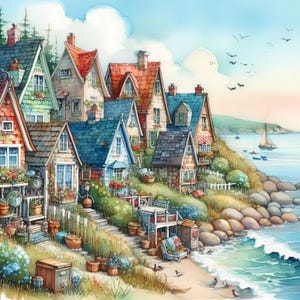 Puede incluir: Una pintura de acuarela de un pueblo costero con casas coloridas, vegetación exuberante y una costa rocosa. Las casas tienen techos rojos, azules y verdes y están rodeadas de flores y árboles. El océano es azul claro con olas blancas que rompen en la orilla.