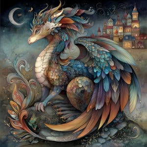 May include: A vibrant illustration of a dragon with feathered wings, resting on a rock. The dragon displays a palette of blue, orange, and brown tones. A crescent moon and a castle are in the background.
