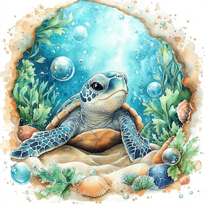 May include: Watercolor illustration of a sea turtle in an underwater scene. The turtle has a blue and tan shell, with a detailed pattern. Bubbles, seaweed, and seashells surround the turtle, set against a blue and sandy background.