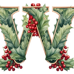May include: The letter W is formed with green holly leaves and red berries. The letter is outlined in gold.