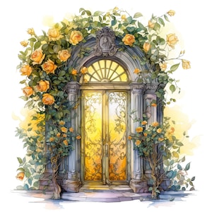 Puede incluir: Una pintura de acuarela de una puerta dorada adornada con una ventana de vidrieras encima. La puerta está rodeada de una exuberante vid verde con rosas amarillas.
