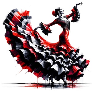 Puede incluir: Una mujer con un vestido de flamenco rojo y negro con volantes y una flor en el pelo, realizando una pose de baile con los brazos extendidos.