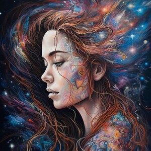 Puede incluir: Una mujer con el pelo largo y rojo que fluye como una galaxia. Su rostro está pintado con intrincados patrones y remolinos de color, creando un efecto cósmico. El fondo es azul oscuro con estrellas y nebulosas.