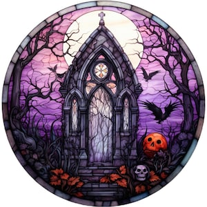 May include: A stained glass window depicting a gothic church with a cross on top, surrounded by trees and ravens. The church has a large arched doorway and a stained glass window with a cross design. The background is a purple and blue sky with a full moon. There is a jack-o-lantern and a skull in the foreground.