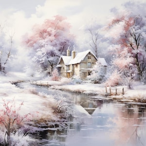 Paisagem de inverno em aquarela, 1 padrão compatível com PDF, download digital instantâneo, ponto cruz contado, 18ct, impressão de gráfico de cores em preto e branco