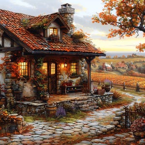 May include: A charming stone cottage with a red tile roof, surrounded by lush greenery and a stone pathway leading to a vineyard in the distance. The cottage has a porch with a wooden bench and potted plants.