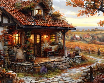 Autumn Country 1 homestead scene Fall pattern keeper compatible PDF instant digital download counted cross stitch 18ct BW color printout