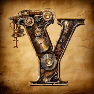 May include: A steampunk-style letter Y made of metal gears, cogs, and pipes. The letter is rendered in a 3D style and appears to be made of brass and copper.