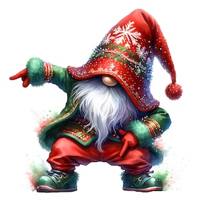 May include: A festive gnome wearing a red and green hat with snowflakes, a green jacket, red pants, and green shoes. The gnome is posing with one arm outstretched and the other hand on its hip.