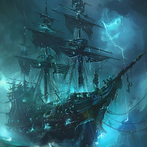 Könnte beinhalten: Ein dunkles, verwittertes Piratenschiff segelt durch ein stürmisches Meer. Das Schiff wird von Blitzen beleuchtet und leuchtet in einem unheimlichen blauen Licht. Die Segel des Schiffes sind zerrissen und zerrissen, und sein Takelage ist verheddert. Das Schiff ist von tosenden Wellen und dunklen, felsigen Klippen umgeben.