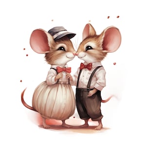 Pode incluir: Dois ratos marrons com chapéus e gravatas borboleta estão olhando um para o outro e sorrindo. O rato à esquerda está usando um chapéu marrom e uma gravata borboleta vermelha. O rato à direita está usando uma camisa branca e uma gravata borboleta vermelha. O fundo é branco com pontos marrons.