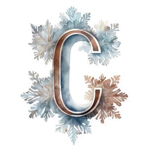 Peut inclure: Illustration à l'aquarelle de la lettre « C » en tons bruns et bleus, entourée de flocons de neige bleus, gris et bruns. Le design a un thème hivernal ou de vacances, idéal pour la décoration saisonnière.