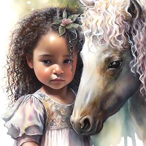 May include: A watercolor illustration of a child with dark curly hair adorned with a small pink flower, wearing a light-colored dress with puffed sleeves, standing beside a white horse with a long, curly mane and soft brown shading on its face.