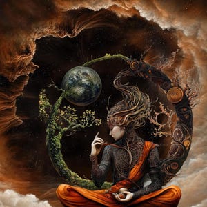 Könnte beinhalten: Eine Frau mit einem baumartigen Körper sitzt in meditativer Haltung und hält eine kleine Kugel in der Hand. Sie ist umgeben von wirbelnden Wolken und einem Planeten im Hintergrund.