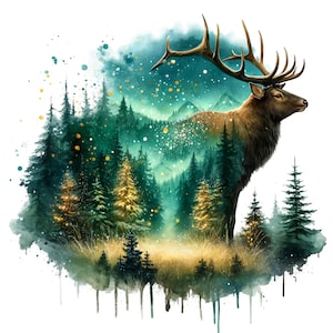 May include: A watercolor painting of an elk standing in a forest with a starry night sky. The elk is brown with large antlers and is surrounded by green trees. The painting has a soft, dreamy feel.