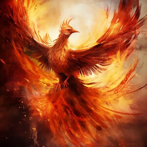 以下が含まれることがあります： オレンジ、赤、黄色を基調とした、炎のような色合いで描かれた、空を舞う不死鳥の鮮やかな絵画。神話上の鳥は翼を広げ、炎と明るいオーラに囲まれて描かれています。この作品は、再生と変容をテーマにしています。