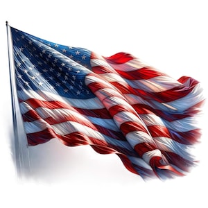 以下が含まれることがあります： 風になびくデジタルレンダリングされたアメリカ国旗。旗は赤と白のストライプと白い星で満たされた青いカントンが特徴です。旗は銀色のポールに取り付けられ、白い背景に配置されています。