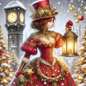 Steampunk Christmas Woman 12 padrões compatíveis PDF download digital instantâneo ponto cruz contado 18ct P&B, impressão de gráfico de cores