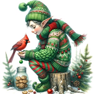 Puede incluir: Un elfo verde con un suéter de punto rojo y verde y un gorro de punto verde se sienta en un tocón de árbol. El elfo sostiene una galleta y mira a un cardenal rojo.