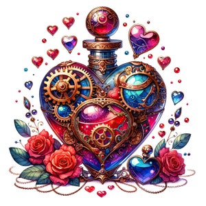 May include: A heart-shaped glass bottle with a steampunk design, featuring gears, cogs, and a red liquid inside. The bottle is surrounded by roses and hearts, creating a romantic and whimsical aesthetic.