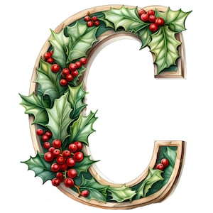 May include: A wooden letter C decorated with holly leaves and red berries. The letter is a festive Christmas decoration.