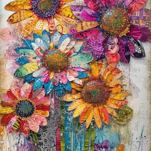 Padrão de patchwork com flores boho compatível com PDF para download digital instantâneo, ponto cruz contado, impressão colorida 14ct BW