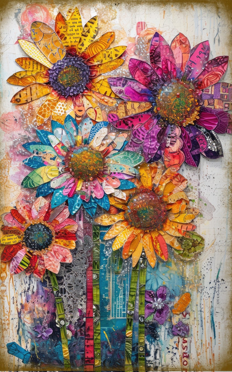 May include: A colorful collage of paper flowers with a textured background. The flowers are made of different colored paper and have a variety of patterns. The background is a light brown color with a white texture.