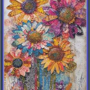 May include: A colorful collage of paper flowers in shades of yellow, blue, pink, and red. The flowers are arranged in a vase and have a vintage, distressed look.