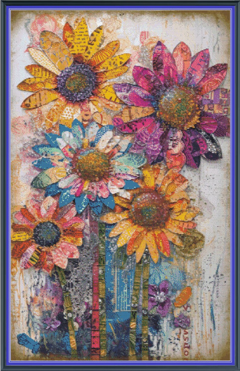 May include: A colorful collage of paper flowers in shades of yellow, blue, pink, and red. The flowers are arranged in a vase and have a vintage, distressed look.
