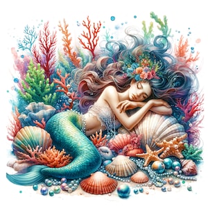 May include: A mermaid with long flowing blue hair and a green tail is sleeping on a bed of seashells and coral. She is wearing a white seashell bra and a flower crown.