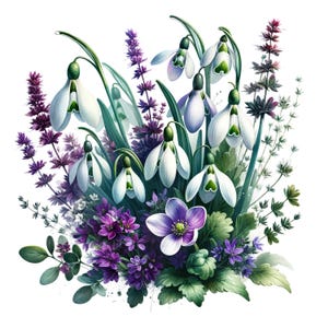 May include: A watercolour illustration of a floral bouquet. The arrangement features white snowdrop flowers with green accents, purple lavender, and other purple and green foliage. The background is white.