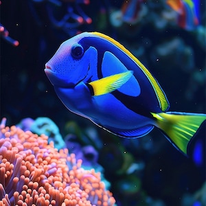 May include: A blue and yellow fish with a black stripe swims in a dark blue aquarium with coral in the foreground.