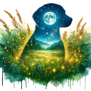 May include: A watercolor painting of a dog's silhouette with a night sky and moon inside. The dog is surrounded by green grass and glowing fireflies.