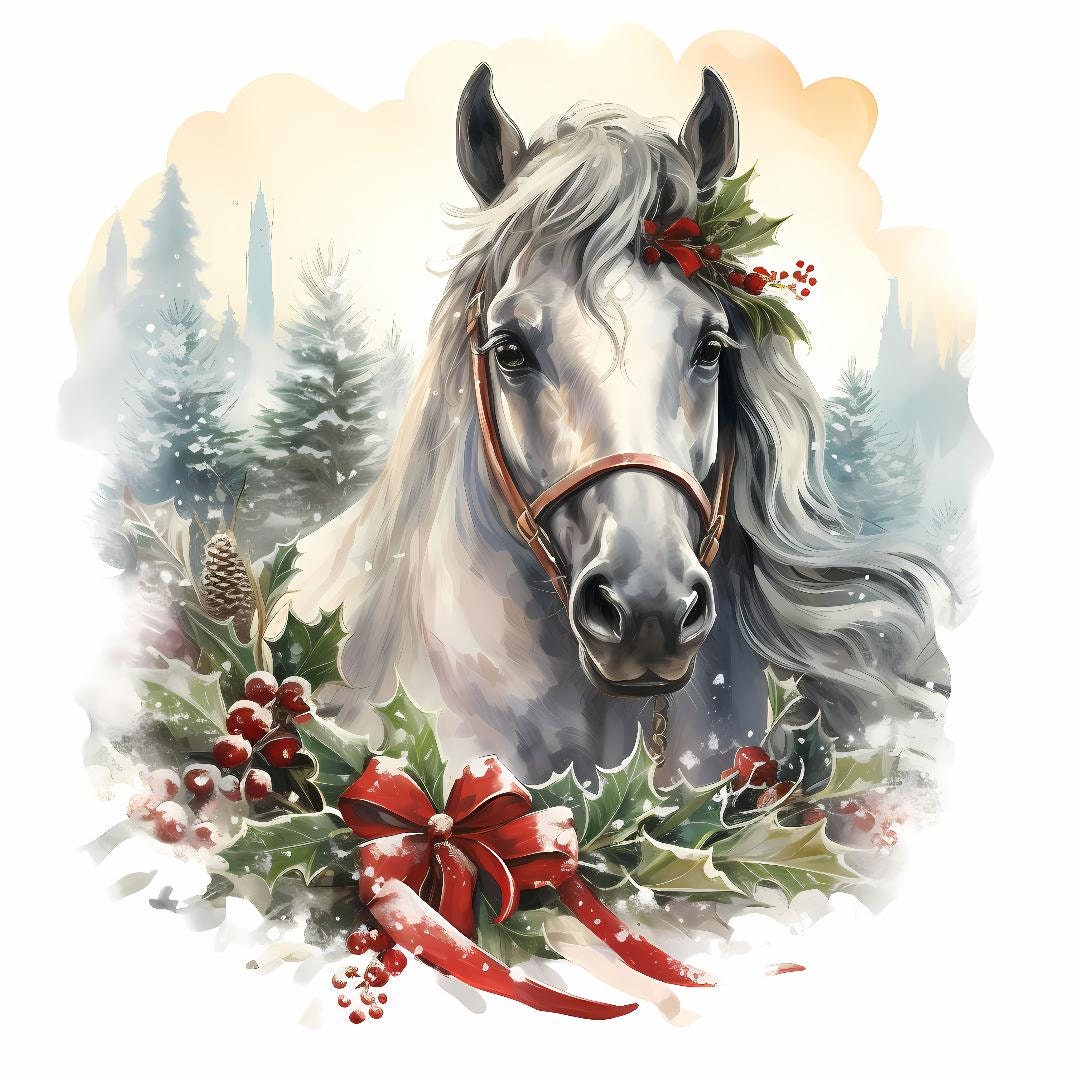 Watercolor Christmas White Horse Winter Wreath Pattern Keeper ...