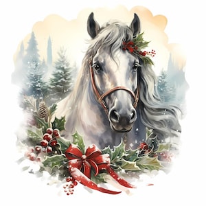 Padrão de guirlanda de inverno em aquarela de cavalo branco de Natal compatível com PDF para download digital instantâneo 14ct impressão colorida P&B