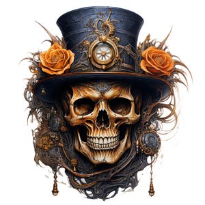 May include: A detailed illustration of a skull wearing a steampunk-style top hat adorned with orange roses and a pocket watch. The skull has intricate details, with a metallic gold and brown color scheme. The hat is dark blue with ornate metal accents.
