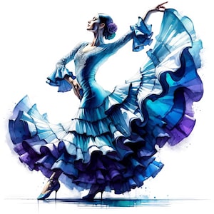Puede incluir: Una mujer con un vestido de flamenco azul y blanco con detalles morados posa con el brazo levantado. El vestido tiene varias capas de volantes y ondea al viento.