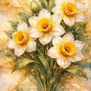 May include: A watercolor painting of a bouquet of daffodils. The flowers have white petals and bright yellow centers. Green leaves and stems support the blooms. The background is a blend of gold, yellow, and green hues, with sparkling accents.