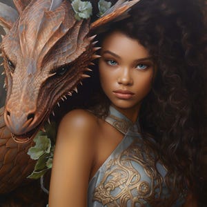 Pode incluir: Pintura digital de uma mulher com olhos azuis e cabelo longo e encaracolado escuro, adornada com um dragão. O dragão é castanho com escamas e detalhes intrincados. A mulher usa um vestido azul claro com enfeites dourados.