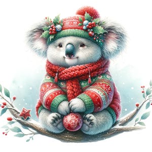 Koala navideño en acuarela 4, descarga digital instantánea en PDF, compatible con el patrón de punto de cruz, 14 ct BW, impresión de carta de colores