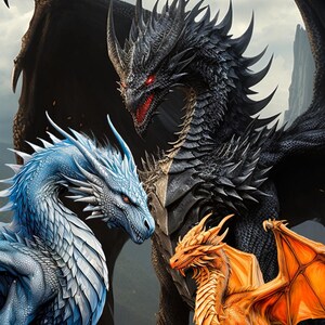 May include: Digital artwork featuring three dragons. A large, imposing black dragon with red eyes is central. A blue and white dragon faces it from the left, and an orange dragon is on the right. The dragons have detailed scales and wings, set against a cloudy sky.