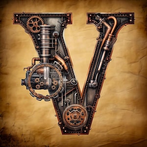 May include: A steampunk-style letter V made of metal gears, pipes, and other industrial elements. The letter is rendered in a dark gray color with copper accents.