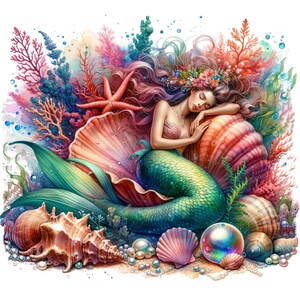 May include: A mermaid with long pink hair and a seashell crown sleeps on a large seashell. She is surrounded by coral, starfish, and other ocean-themed elements. The background is a watercolor wash of blue and green.