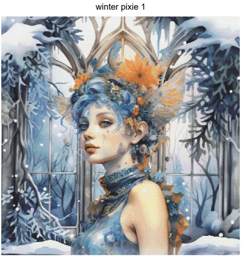 Op de afbeelding: Een fee met blauw haar, een kroon van bloemen en een blauwe en zilveren jurk staat voor een raam met een besneeuwd landschap. De fee heeft blauwe ogen en een delicaat gezicht. Het raam is omlijst door een stenen boog en is bedekt met rijp.